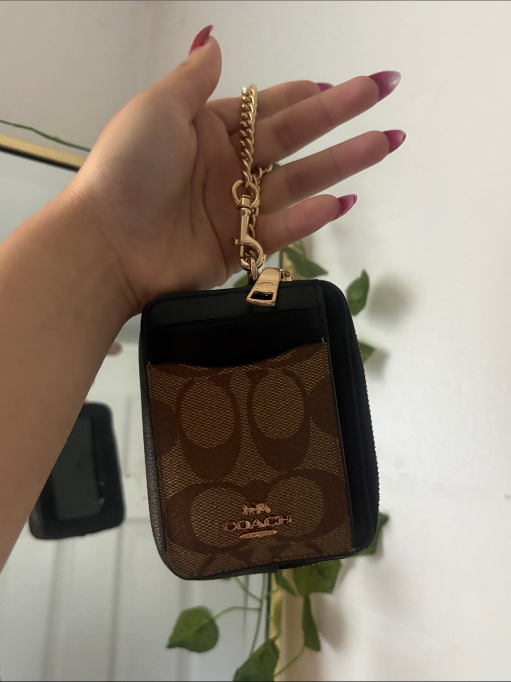 Coach Brown Signature Card Holder with Gold Chain